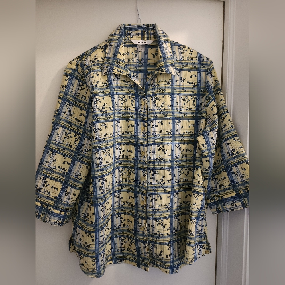 Alia Yellow and Blue Plaid Button-Front Blouse